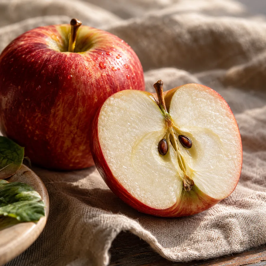 A red apple cut open to reveal its flesh and seeds