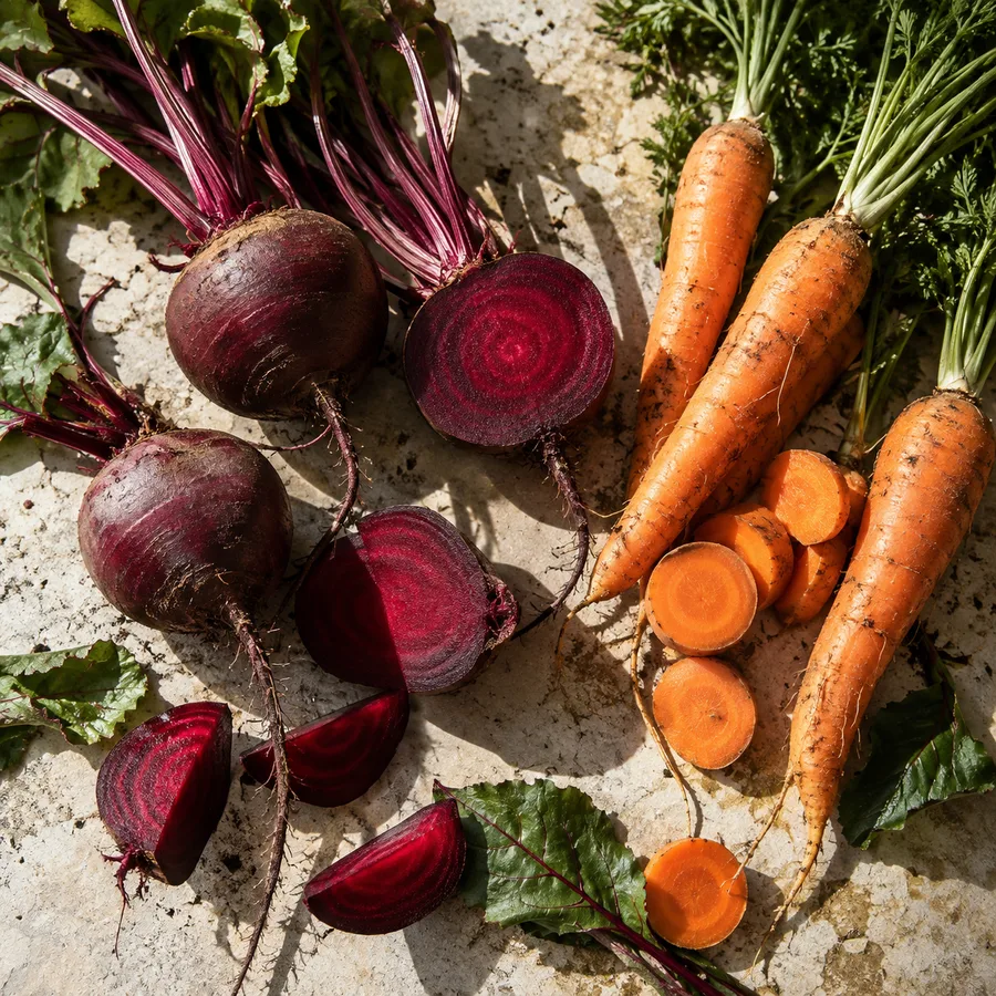 Deep red beetroot and orange carrots on pale stone