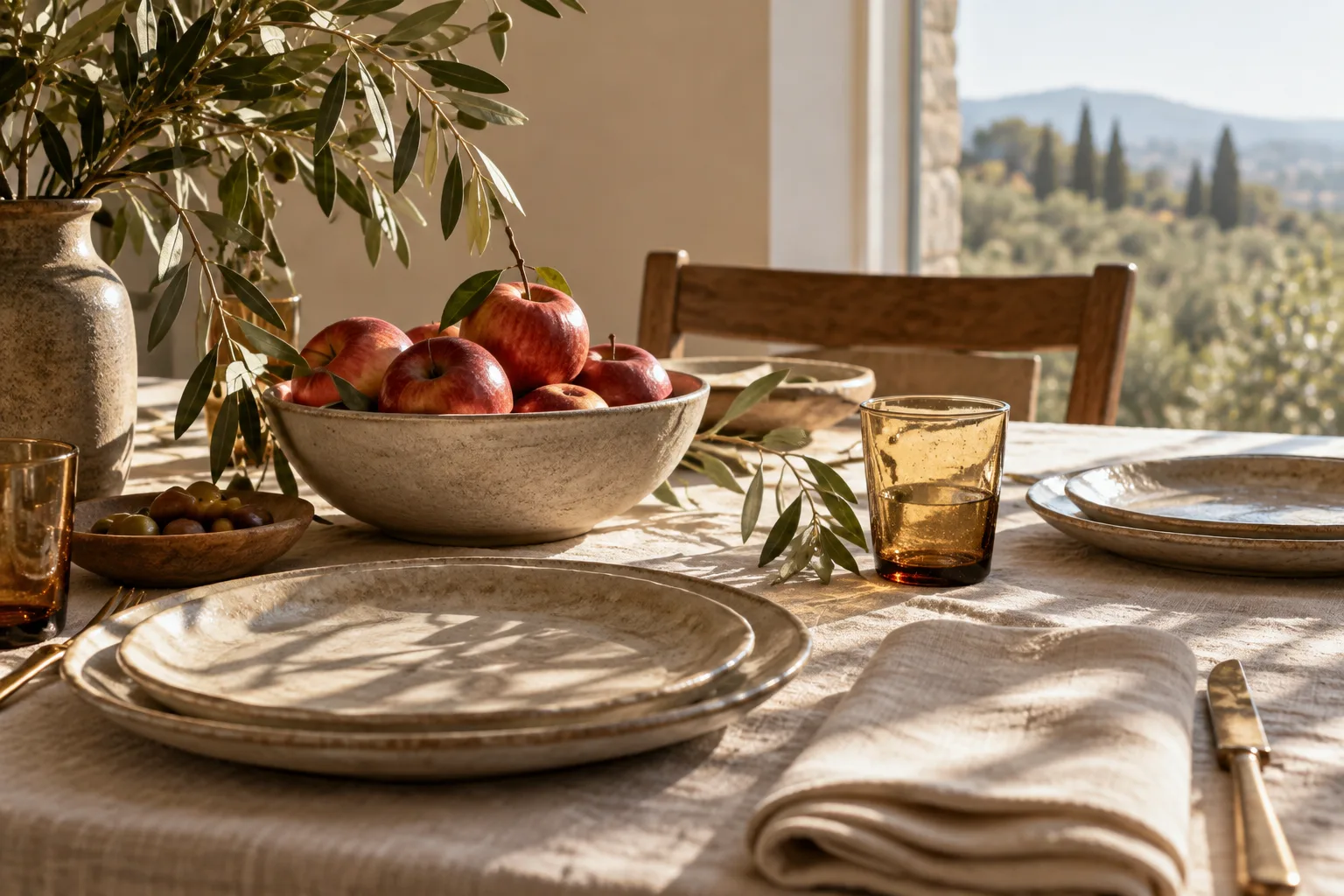 A sunlit table with ceramic plates, linen and a bowl of apples